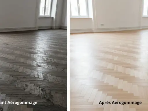 Parquet sombre et usé avant aérogommage, puis lumineux et rénové après. Le decapant bois a révélé sa beauté naturelle.