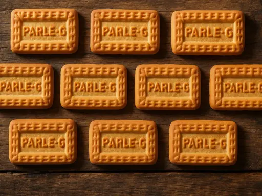 Dix biscuits Parle-G disposés en rangées sur un fond en bois. Une estimation de sujet en biscuit ancien.