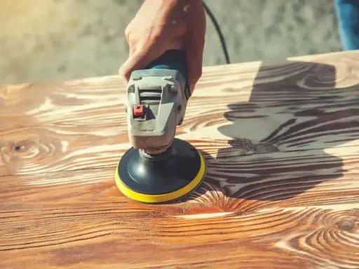 Main d'artisan utilisant une ponceuse pour enlever lasure sans poncer le bois. Le grain du bois est bien visible.