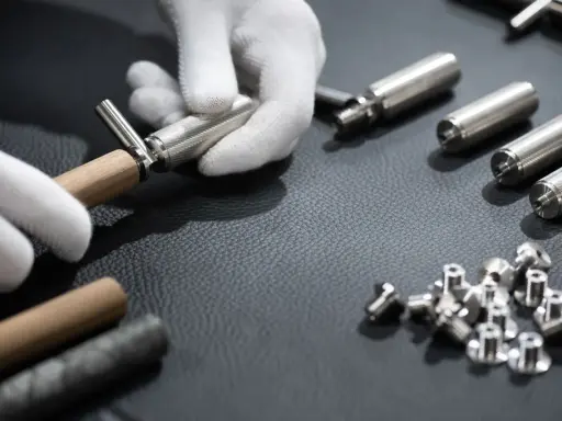 Mains gantées assemblant une ferrure de meuble. Des pièces métalliques et des vis sont disposées sur une surface sombre.