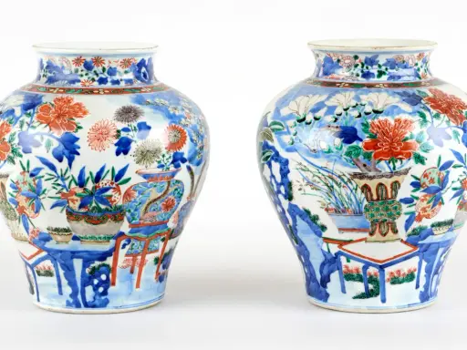 Deux vases anciens chinois, ornés de fleurs et de motifs complexes, évoquant une scène de jardin paisible. Une signature vase chinois ancien.