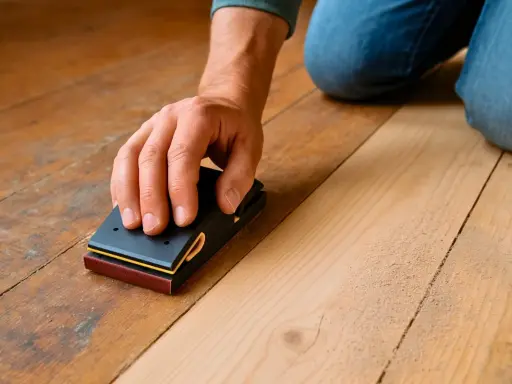 Main d'un artisan ponçant un plancher de bois avec un bloc abrasif, démontrant qu'il est possible de poncer sans ponceuse.