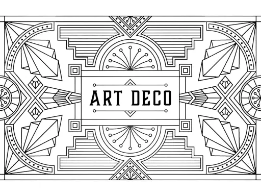 Un cadre rectangulaire orné de motifs géométriques symétriques, évoquant le style art déco. Le centre affiche le texte "ART DECO".