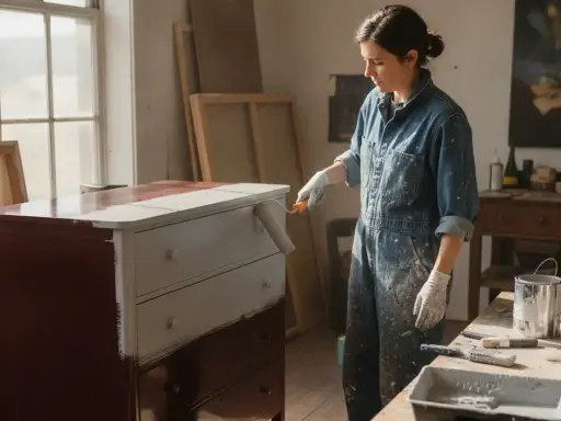 Une femme en salopette bleue est en train de laquer un meuble en bois, appliquant une peinture blanche sur le dessus d'une commode bordeaux.