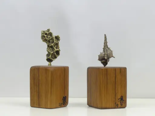 Deux sculptures en bronze, l'une abstraite, l'autre en forme de coquillage, sur des socles en bois portant la signature des fondeurs de bronze.