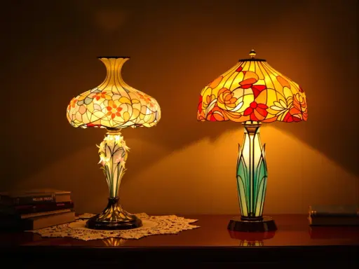 Deux lampes art nouveau Gallé aux abat-jour colorés, l'une ornée de fleurs, l'autre de motifs floraux, éclairent une table en bois.