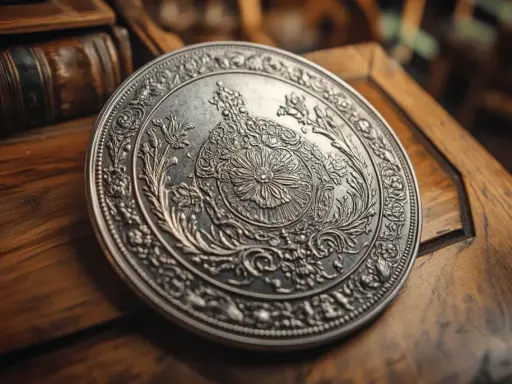 Une pièce en argent ornée, posée sur un bois ancien. Comment reconnaître une pièce en argent ? Examinez sa patine et ses détails fins.