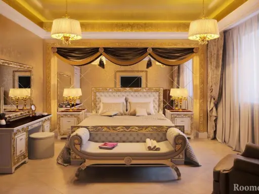 Chambre luxueuse aux accents dorés, évoquant un style empire. Un grand lit, une coiffeuse et des lampes ornées créent une atmosphère royale.