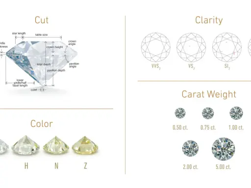 Guide pour l'estimation bijoux diamant : détails sur la taille, la couleur, la pureté et le poids en carats des diamants.