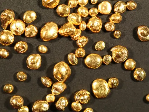 Grains d'or brut, certains ressemblant à des pépites, d'une pureté qui pourrait être du poinçon or 14 carats.