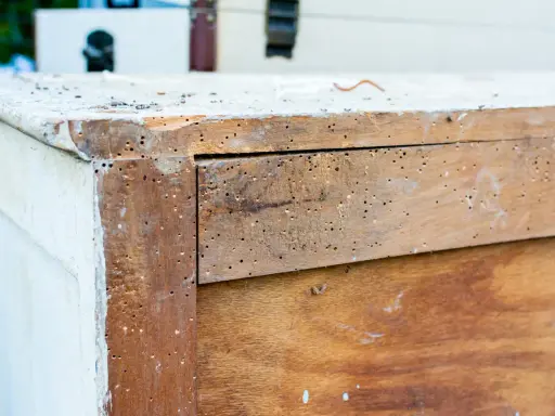 Un meuble en bois infesté par un insecte xylophage. Un traitement naturel est envisagé pour sauver ce meuble.