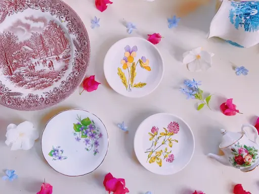 Assiette ancienne avec scène d'hiver, petites assiettes fleuries et théière décorée, signature porcelaine de Paris.