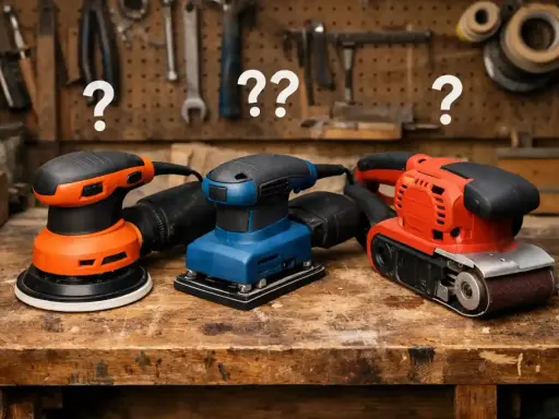 Trois ponceuses (orbitale, vibrante, à bande) sur un établi en bois. Quelle ponceuse pour le bois choisir ?