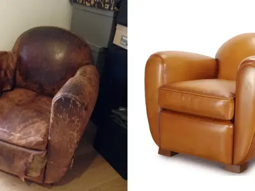 Avant/après : un fauteuil club usé transformé en un magnifique fauteuil relooké, tout en cuir cognac éclatant.