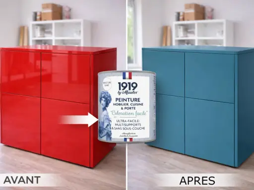 Avant/Après : une commode rouge transformée en bleu avec la peinture Mauler. La différence entre laque et peinture est ici évidente.