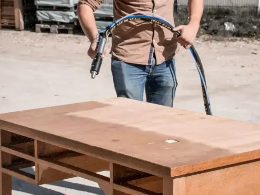Un homme utilise un appareil pour poncer ou décaper un bureau en bois, révélant une surface plus claire.