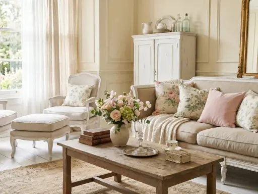 Salon au style antique, avec canapé et fauteuils en lin, coussins fleuris, table basse en bois brut et miroir doré.