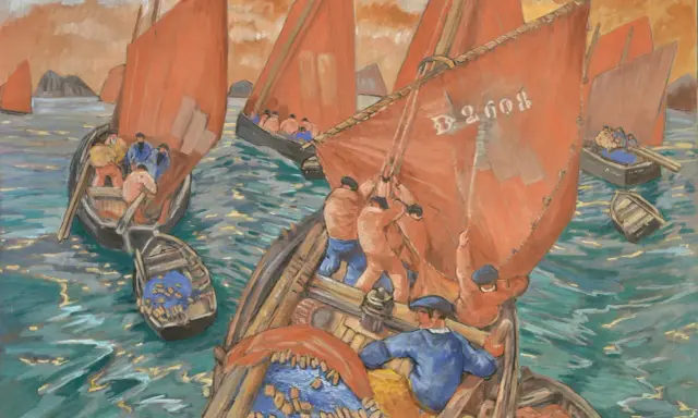 Pêcheurs hissant les voiles rouges sur leurs bateaux, une scène maritime vibrante dans le style de Mathurin Méheut.