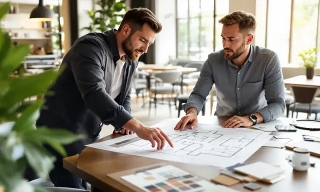 Deux hommes discutent d'un plan d'architecte, évoquant une époque de restauration et de renouveau.