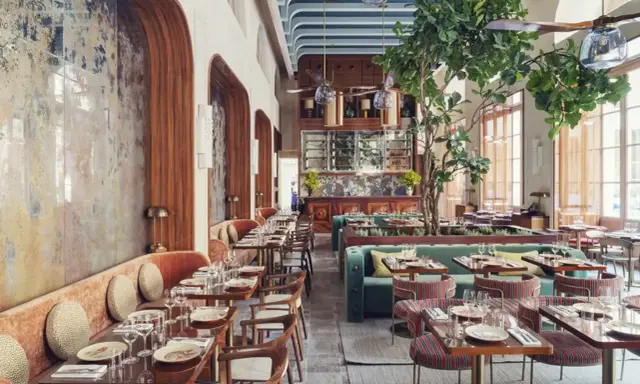 Intérieur d'un restaurant au style restauration architecture, avec banquettes velours, tables dressées et un arbre luxuriant au centre.