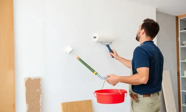 Un peintre applique une sous-couche blanche sur un mur avec deux rouleaux. Il tient un seau rouge. Peut-on mettre 2 couches de sous-couche pour un meilleur résultat ?