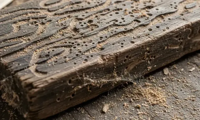 Un morceau de bois rongé par la vermoulure, montrant les galeries creusées par les insectes. Un traitement est nécessaire pour sauver ce bois.