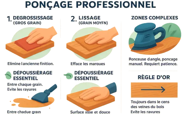 Guide pour poncer un plan de travail : dégraissage, lissage, zones complexes. Nettoyer entre chaque grain pour éviter les rayures. Toujours poncer dans le sens des veines du bois.
