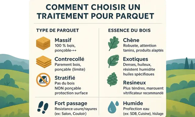 Guide pour choisir quel produit pour traiter le bois de parquet : types de parquets (massif, contrecollé, stratifié, fort passage) et essences de bois (chêne, exotiques, résineux, humide).
