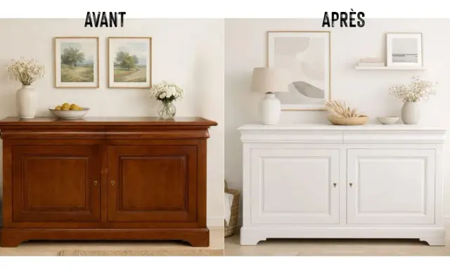 Avant/Après : une vieille commode en bois foncée transformée en blanc lumineux. Un relooking réussi pour une touche de fraîcheur.