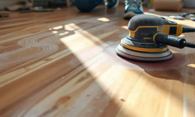 Une ponceuse orbitale laisse une fine poussière sur un parquet en bois, prête pour le nettoyage.