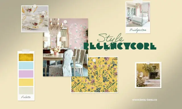 Ambiance douce et florale dans un style Regencycore : vaisselle fine, salle à manger élégante, motifs oiseaux et fleurs, et une chambre inspirée de Bridgerton.