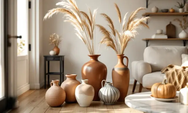 Un salon cosy avec des vases en terre cuite, dont un grand vase borghèse, ornés de graminées séchées. Une citrouille décore la table basse.