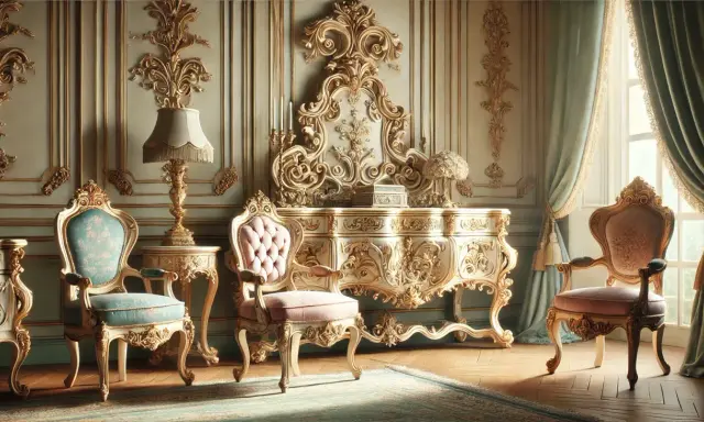 Un salon orné de mobilier rococo doré et sculpté, avec des fauteuils en velours rose et bleu, une coiffeuse imposante et des rideaux de soie.