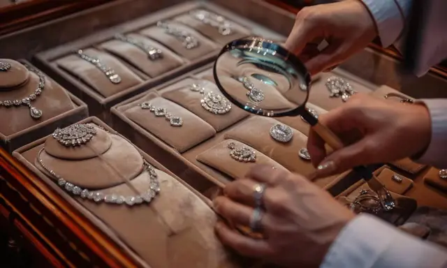 Main d'un expert examinant des colliers et pendentifs en diamants avec une loupe, témoignant d'une expertise bijoux.