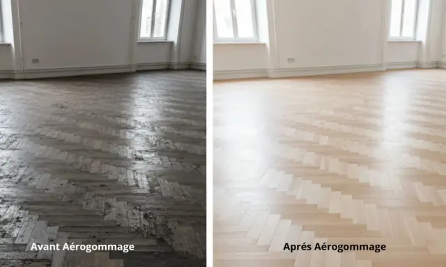 Parquet sombre et usé avant aérogommage, puis lumineux et rénové après. Le decapant bois a révélé sa beauté naturelle.