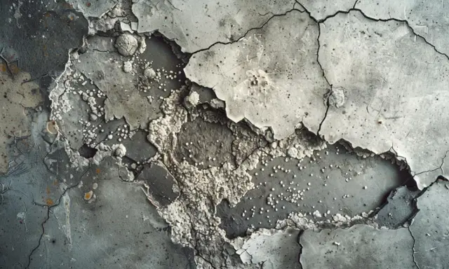 Détail d'un mur en béton fissuré et écaillé, révélant une texture rugueuse et des dépôts blancs ressemblant à de la mérule béton.