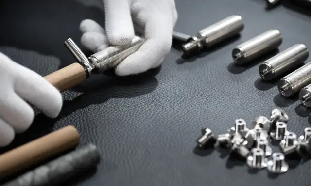 Mains gantées assemblant une ferrure de meuble. Des pièces métalliques et des vis sont disposées sur une surface sombre.