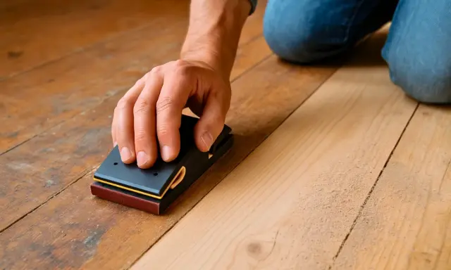 Main d'un artisan ponçant un plancher de bois avec un bloc abrasif, démontrant qu'il est possible de poncer sans ponceuse.