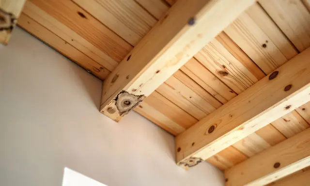 Structure en bois clair, avec des poutres et des planches. On aperçoit un champignon bois extérieur sur une poutre, signe d'une construction ancienne.