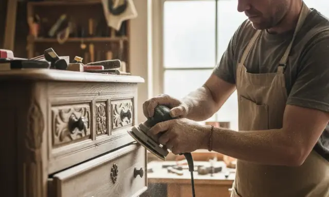 Artisan ponçant méticuleusement une commode sculptée, montrant comment poncer dans les recoins pour une finition parfaite.