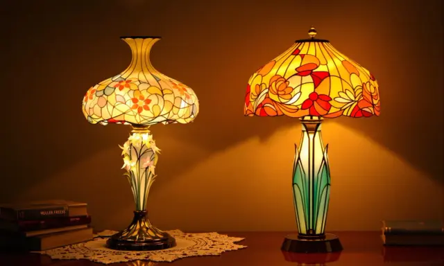 Deux lampes art nouveau Gallé aux abat-jour colorés, l'une ornée de fleurs, l'autre de motifs floraux, éclairent une table en bois.