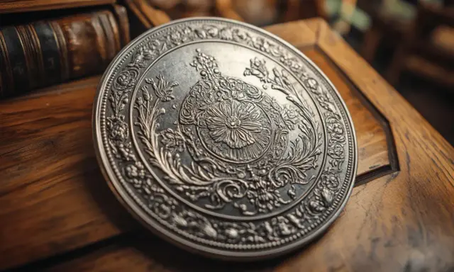 Une pièce en argent ornée, posée sur un bois ancien. Comment reconnaître une pièce en argent ? Examinez sa patine et ses détails fins.