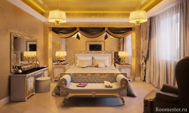 Chambre luxueuse aux accents dorés, évoquant un style empire. Un grand lit, une coiffeuse et des lampes ornées créent une atmosphère royale.