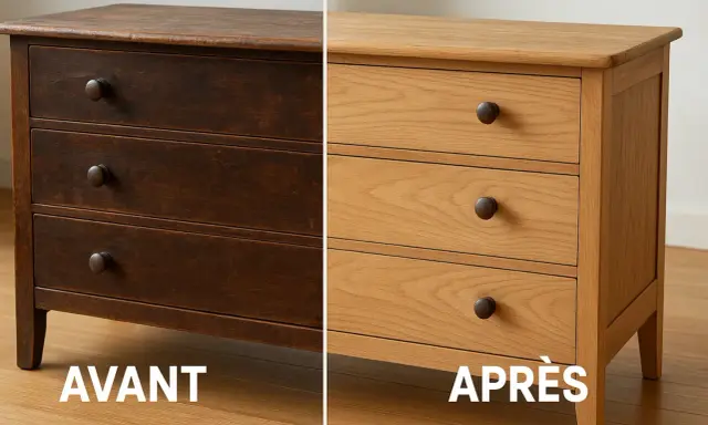 Commode en bois sombre avant restauration, puis après, révélant un style de meuble plus clair et naturel.