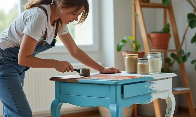 Une femme en salopette bleue redonne vie à une table ancienne, la transformant en un meuble unique.