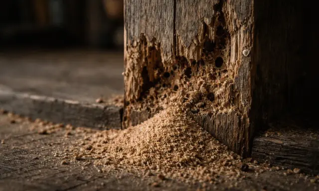 Un petit tas de sciure de bois s'accumule au pied d'un poteau en bois rongé, témoignant d'une présence passée.
