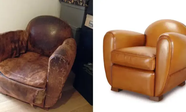 Avant/après : un fauteuil club usé transformé en un magnifique fauteuil relooké, tout en cuir cognac éclatant.