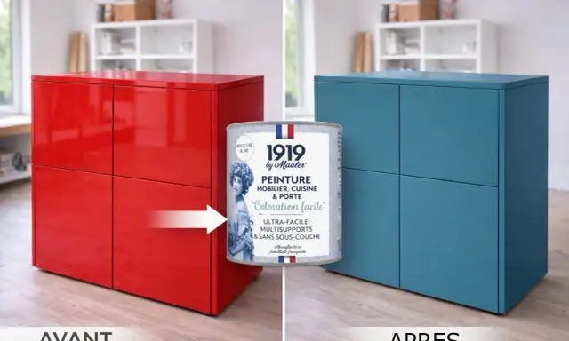 Avant/Après : une commode rouge transformée en bleu avec la peinture Mauler. La différence entre laque et peinture est ici évidente.