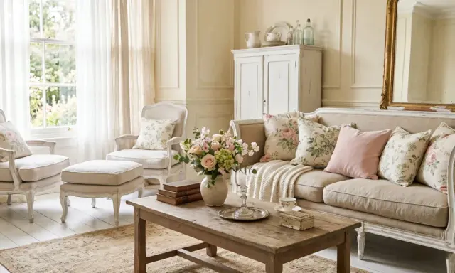 Salon au style antique, avec canapé et fauteuils en lin, coussins fleuris, table basse en bois brut et miroir doré.