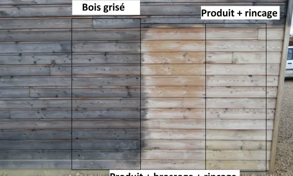Comparaison avant/après : bois grisé d'un côté, bois traité avec produit + brossage + rinçage de l'autre. La lasure bois a redonné vie au bois.